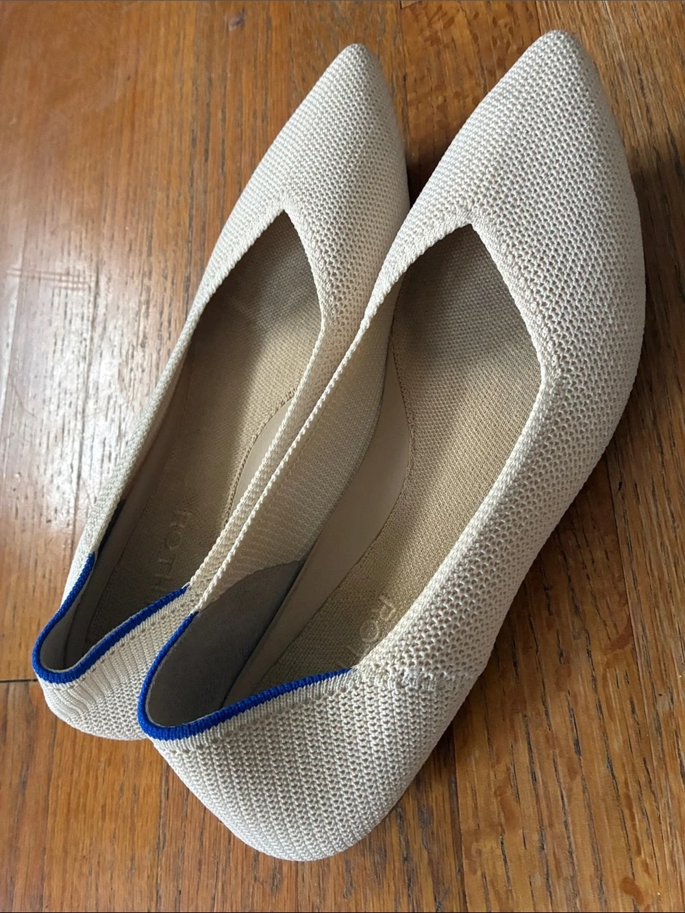 Rothy's Pointed Knit Flats in Cream with Blue Trim